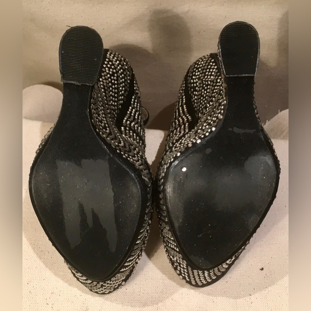 STEVE MADDEN GOSSIP Black Silver Metallic platform Sculpted heels Geometric SZ 6 - Picture 6 of 10